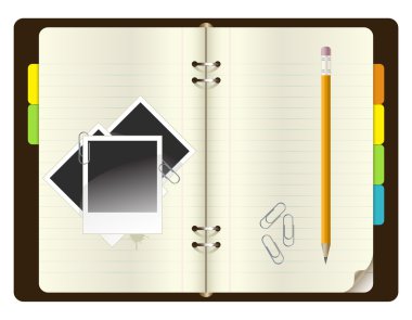 Opened notebook with pencil, paper clips and photos clipart