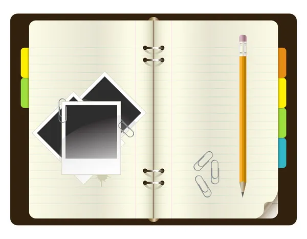 Cuaderno abierto con lápiz, clips de papel y fotos — Vector de stock