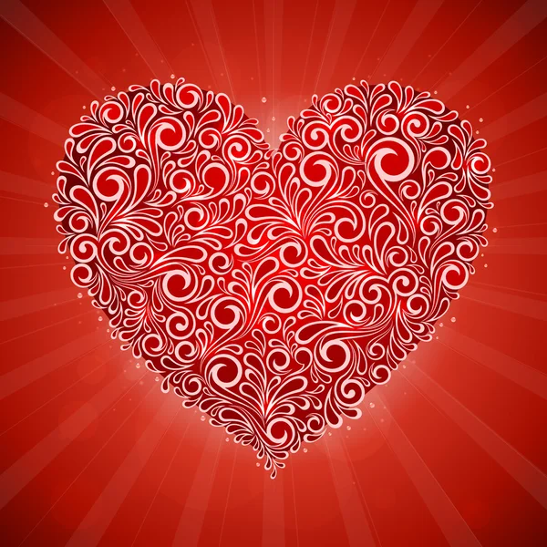 Tarjeta volante de San Valentín rojo con corazón de patrón floral remolino — Vector de stock