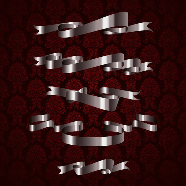 Elemento de cinta de diseño real de plata sobre fondo de patrón rojo — Vector de stock