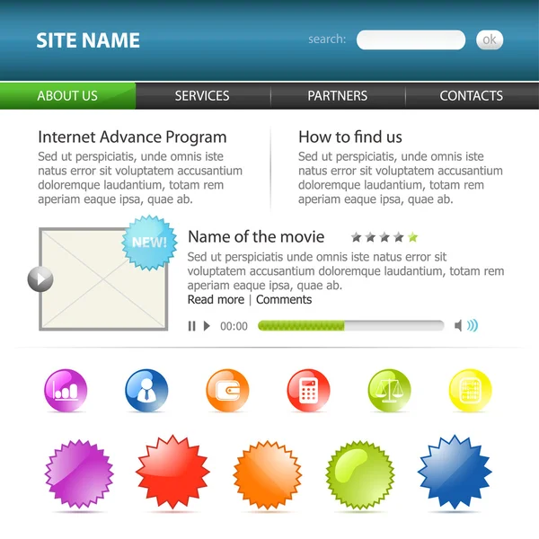 Elementi del modello del sito vettoriale per il web design. Icone web 2.0 stile — Vettoriale Stock