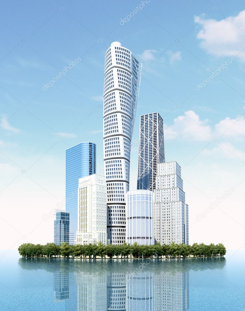 Business center island with high-rise glass skyscrapers buildings