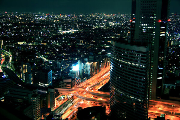 Urban aerial view at night with city lights