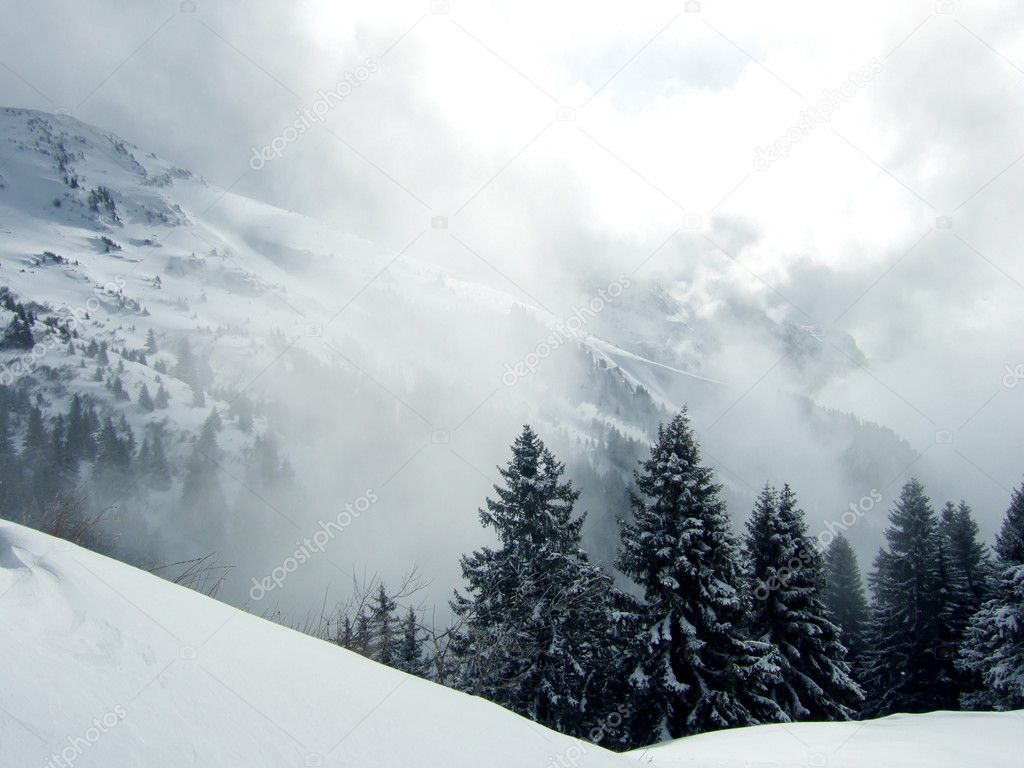 Sunny day on ski with fog