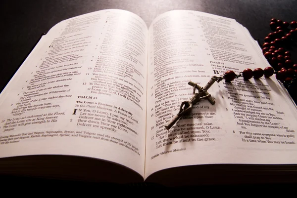 Piros Rózsafüzér és Szent Biblia — Stock Fotó