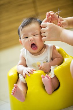 6 month old Asian baby girl having a haircut clipart