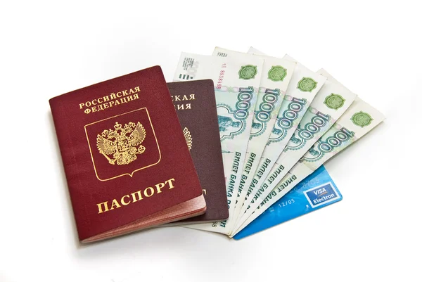 Russian money and passports on white background — Stock Photo, Image