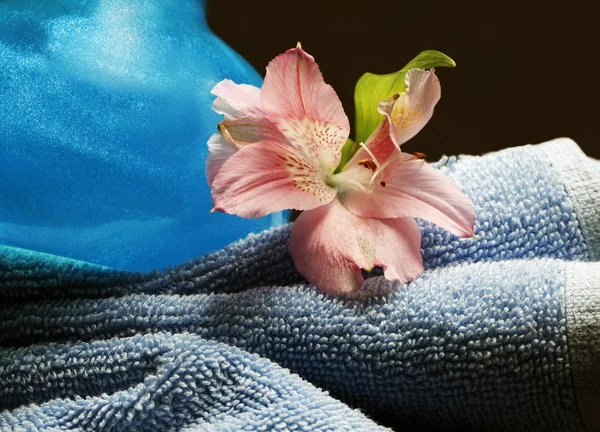 Blauwe handdoek en fles met shampoo — Stockfoto