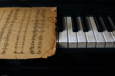 Keyboard of the piano and old notes clipart