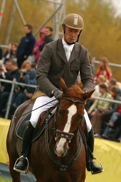 De sportman op een bruin paard — Stockfoto
