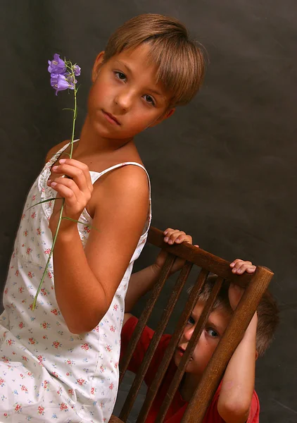 Dívka s modrou kytkou ve studiu — Stock fotografie