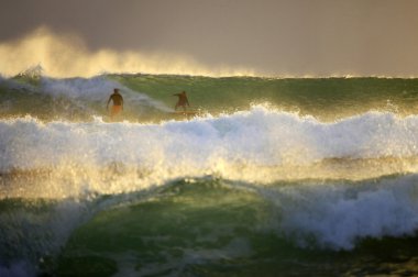 Surfers on sunset clipart