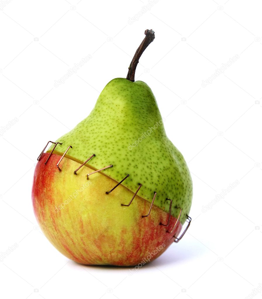 Piece of an apple and a pear stapled together