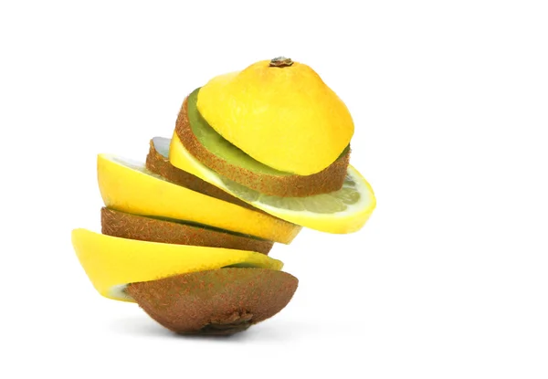 Fresh pieces of kiwi and lemon isolated on white background . — Stock Photo, Image