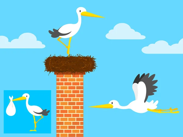 Cartoon stork in nest on chimney — Stock Vector