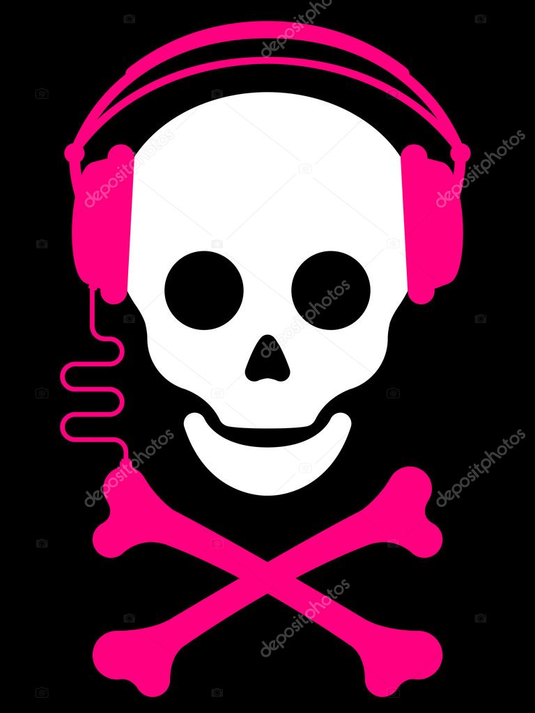 Skull with headphones and music player