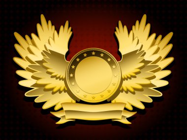 Golden shiny coat of arms with wings and banner clipart