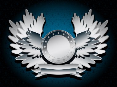 Silver shiny coat of arms with wings and banner clipart