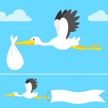 Cartoon stork in nest on chimney and flying clipart