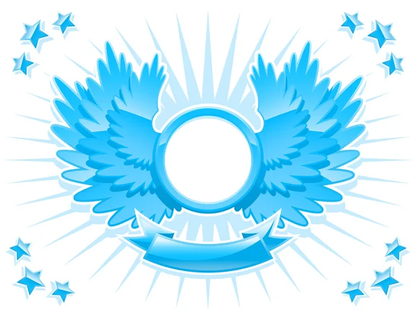 Escudo de armas azul con alas y estandarte — Vector de stock