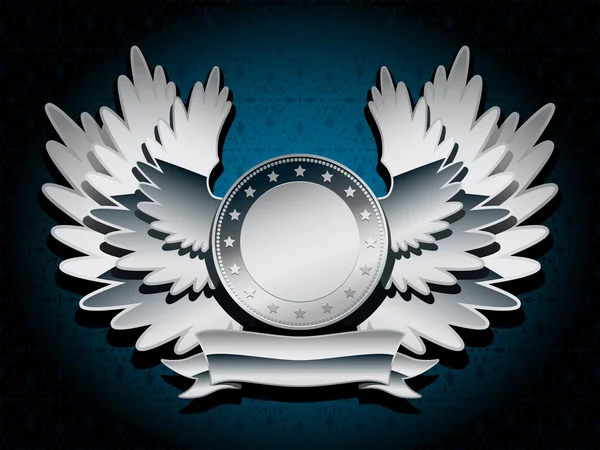Zilveren glanzende wapenschild met vleugels en banner — Stockvector