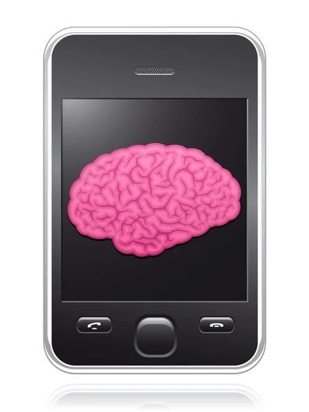 Smart phone with pink brain on screen — Stock Vector