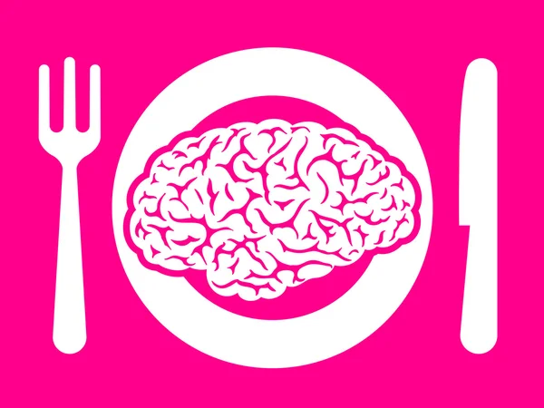 Nourriture cérébrale sur assiette avec fourchette et couteau — Image vectorielle