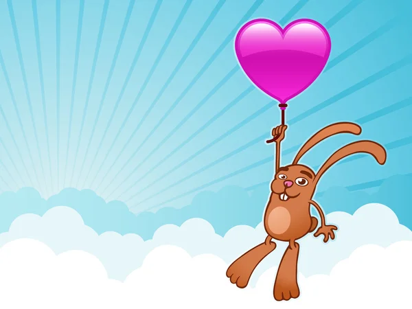 Lindo conejito con globo de corazón rosa volando — Vector de stock