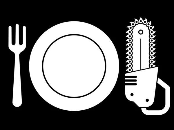 Блюдо с тарелкой, вилкой и бензопилой — стоковый вектор