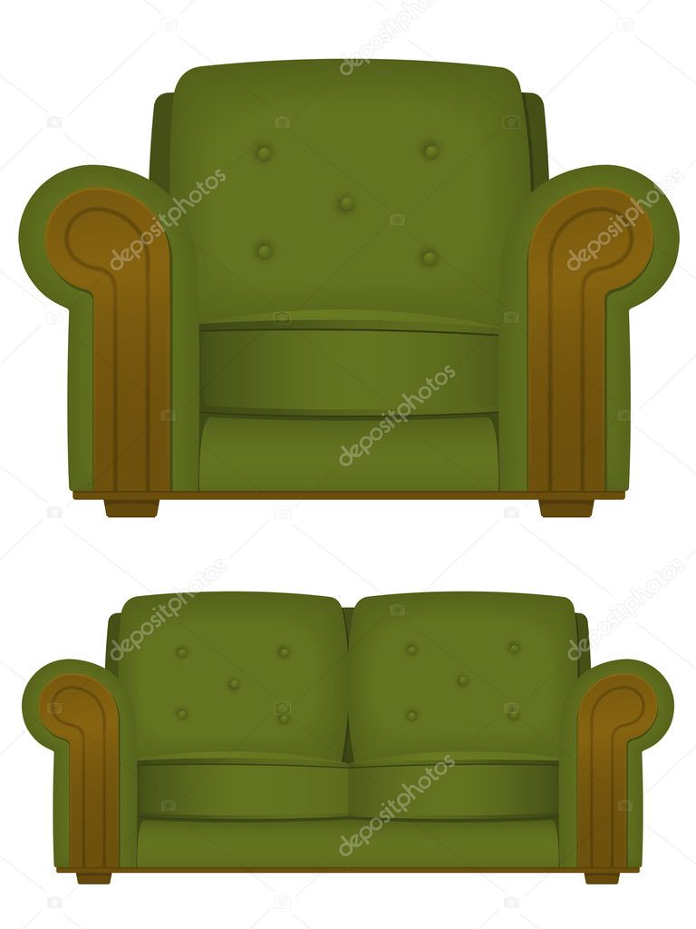Green retro armchair and couch