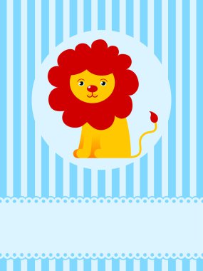 Cute lion on blue greeting card background clipart