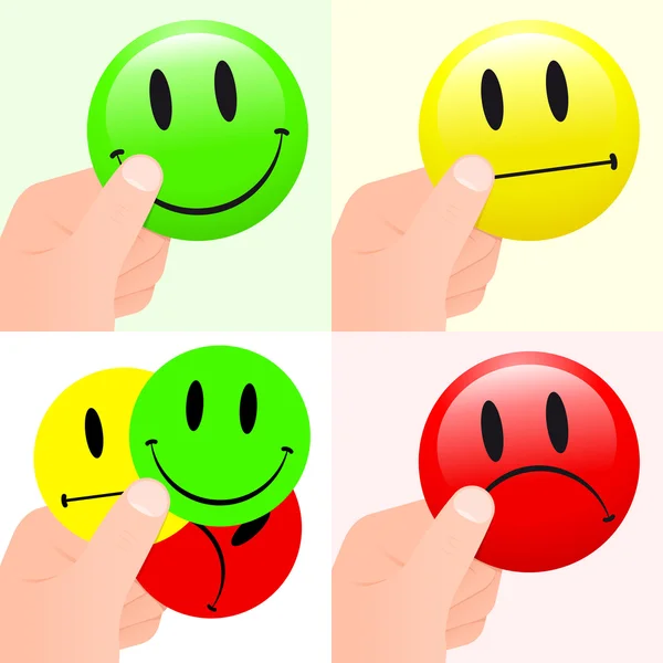 Collection of hands holding smiley faces — Stock Vector