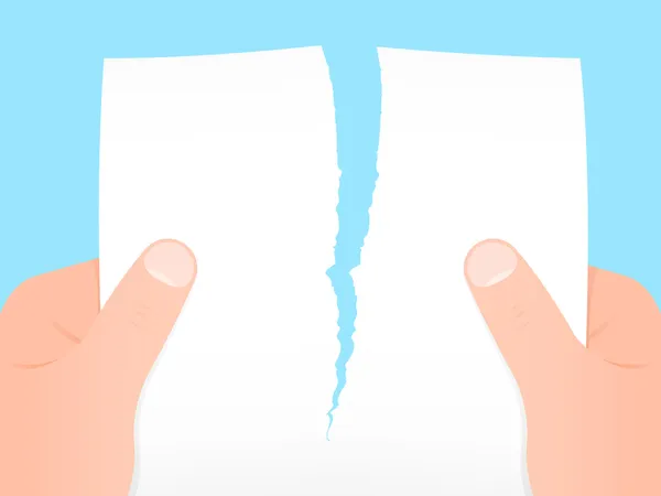 Zwei Hände, die ein leeres Blatt Papier auseinanderreißen — Stockvektor