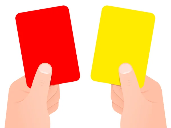 Due mani con cartellino rosso e giallo — Vettoriale Stock