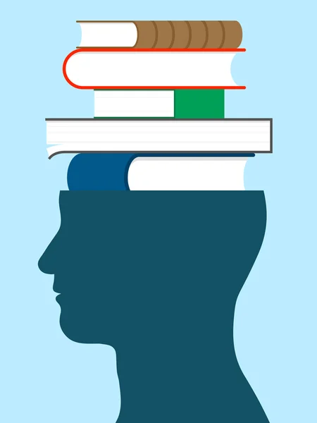書籍 - 教育のスタックと男性の頭のシルエット — ストックベクタ