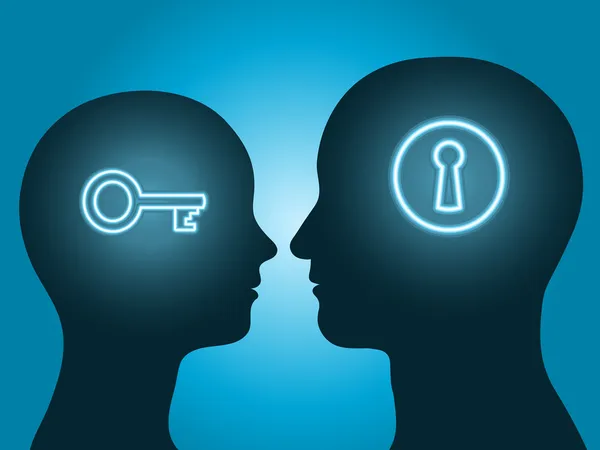 Głowa mężczyzny i kobiety sylwetka z klucz i blokada symbol komunikacji — Wektor stockowy