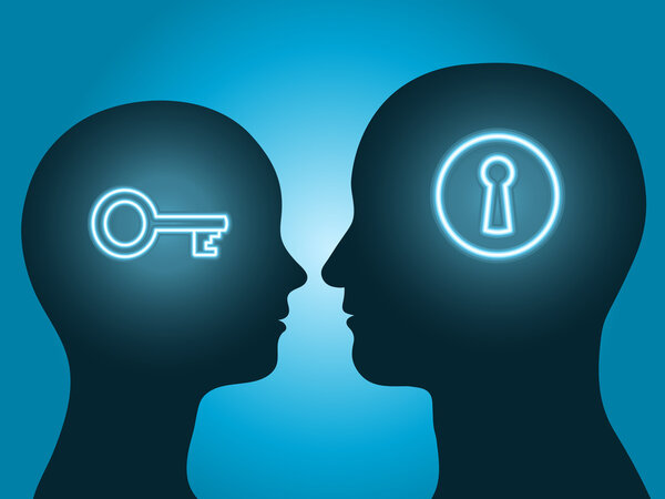 Man and woman head silhouette with key and lock symbol communicating