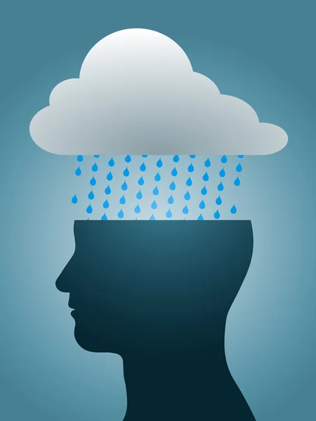 Deprimerad huvud silhuett med mörka regnmoln — Stock vektor