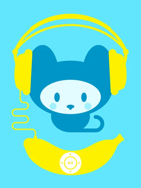 Cute kitten with banana music player - vector — Stock Vector