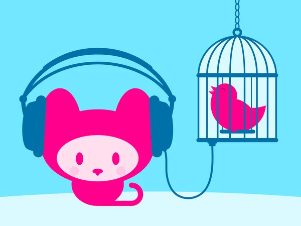 可爱的小猫听歌唱的小鸟 — 图库矢量图片