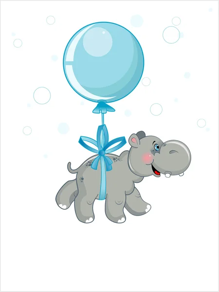 Grijze hippo vliegen in een blauwe bal met het — Stockvector