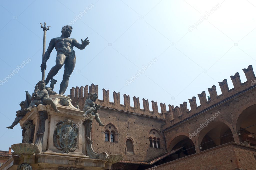 Bologna (Emilia-Romagna, Italy) Neptune's bronze statue and hist