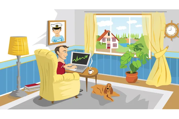 Man working with PC at home — Stock Vector