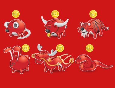 kumbara Çince Zodyak simge seti: sıçan, öküz, kaplan, tavşan, ejderha, snak