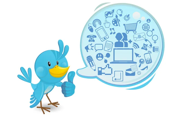 Mídia de rede social Bluebird com uma bolha de fala Polegares para cima — Vetor de Stock