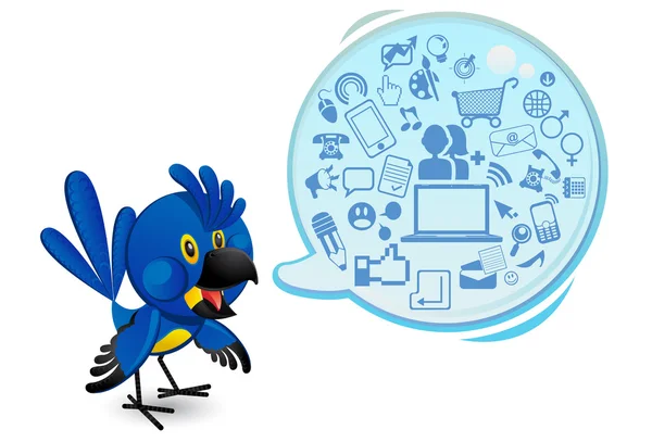 Соціальна мережа медіа Синій птах ара з спливаючу підказку — стоковий вектор