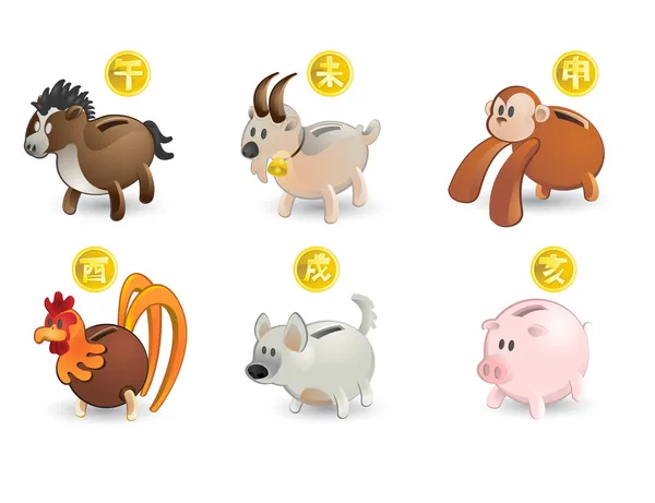储钱罐的十二生肖图标集： 马、 山羊、 猴子、 公鸡、 狗，p — 图库矢量图片