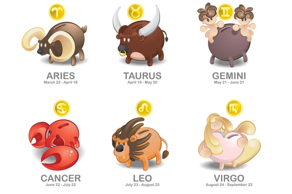 Piggy Bank of Zodiac conjunto de ícones: Áries, Touro, Gêmeos, Câncer, Leão, Virgem — Vetor de Stock