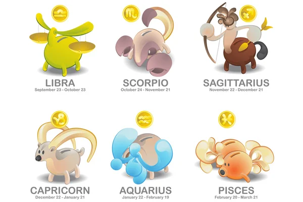 Набор иконок Piggy Bank of Zodiac: Libra, Scorpio, Sagittarius, Capricorn, Aqua — стоковый вектор