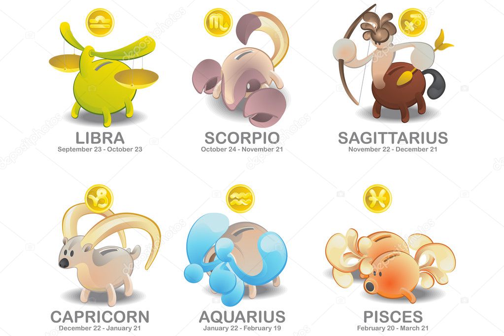 Piggy Bank of Zodiac icon set: Libra, Scorpio, Sagittarius, Capricorn, Aqua